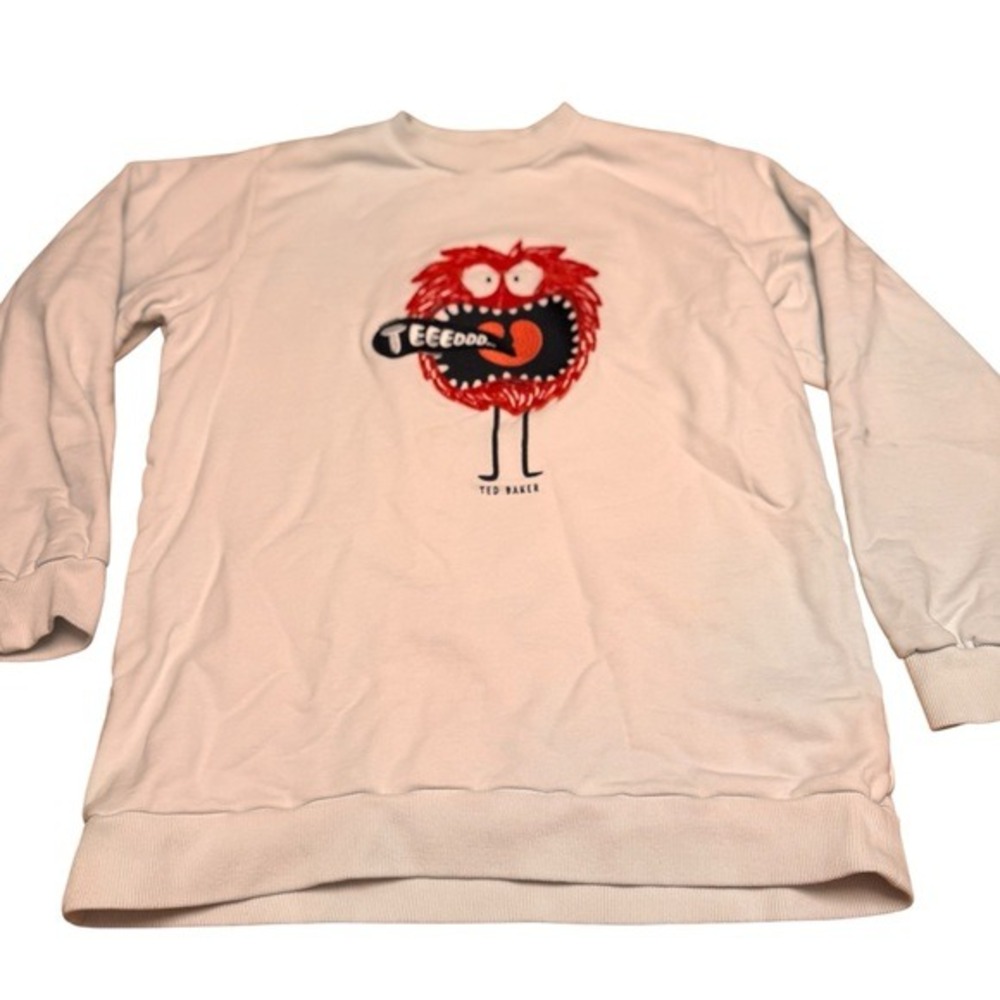 Ted Baker Cream Monster Graphic Sweatshirt Cotton Crewneck Embroidered Size 2 - Picture 7 of 15